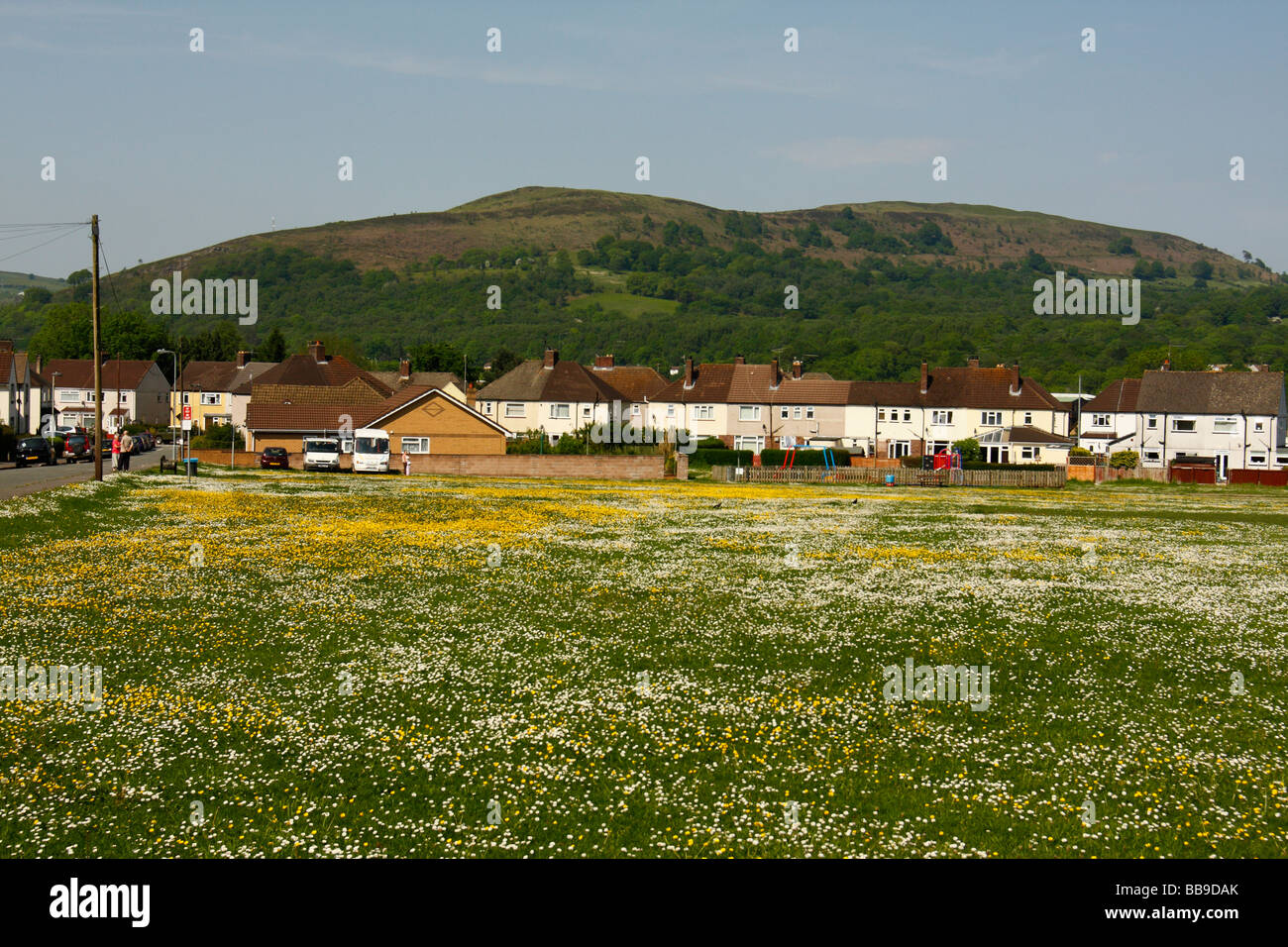 The Garth Mountain near Cardiff, with the village of Taff`s Well at its base, in Spring Stock Photo